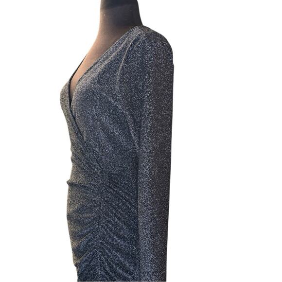 Y2K Black Silver Sparkle Ruched Mini Dress L Stretch Glam Party Whimsigoth Edgy - Picture 2 of 6